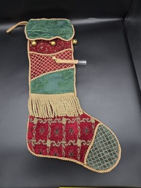 Ornate Red and Green Holiday Stocking with Gold Trim